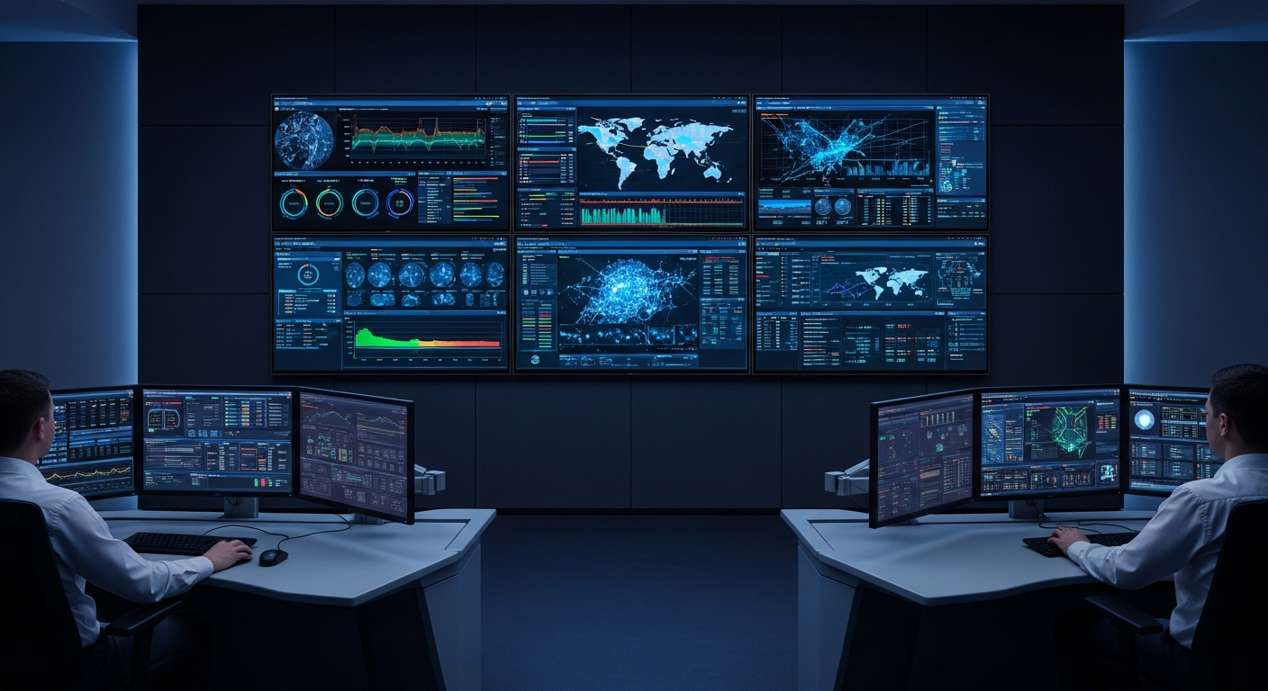 Kurumsal NOC — 3x2 55 inç videowall, operatör konsolları