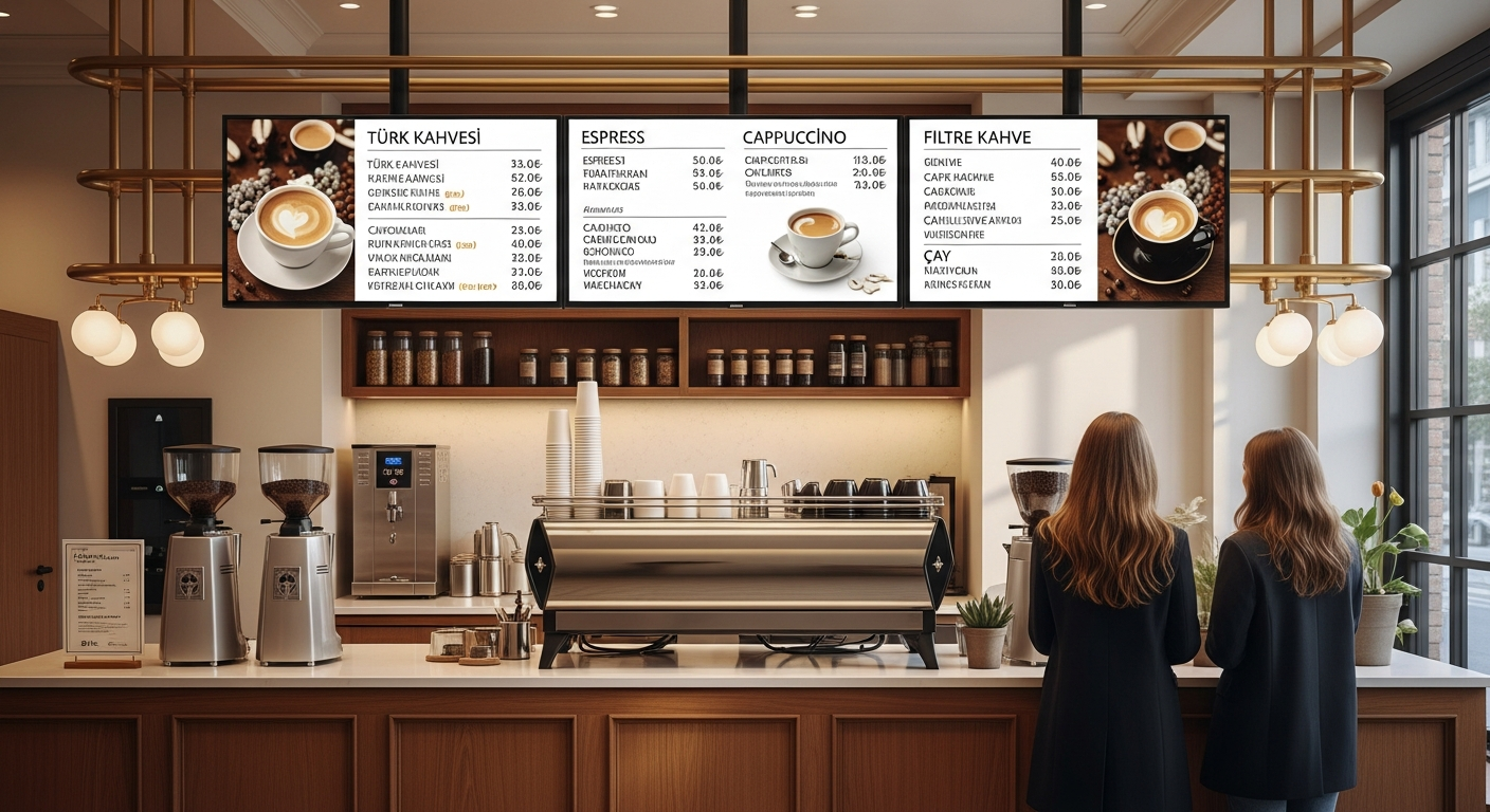 Modern Türk kafesi — 3 ekran horizontal digital menuboard, espresso makinesi üzerinde