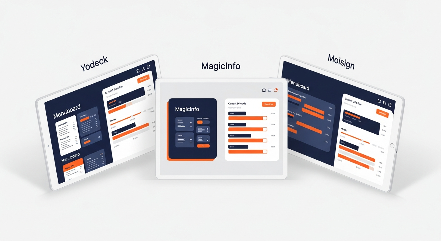 Yodeck, MagicInfo, Moisign menuboard yazılım dashboard'ları karşılaştırma