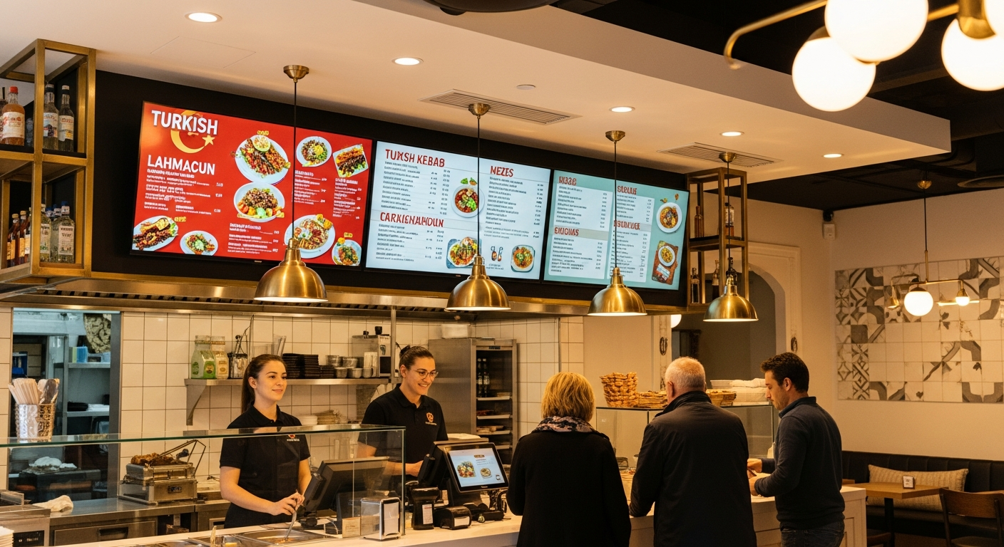 Modern restoran — duvar üstü digital signage monitör menü gösteriyor