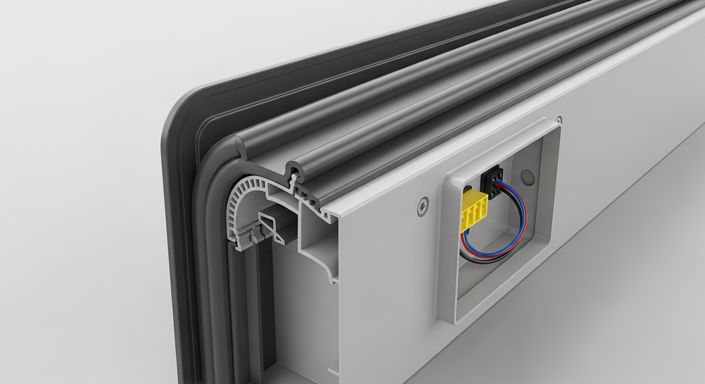 Outdoor LED kabin yan kesit — IP65 conta yapısı, drenaj kanalı detay