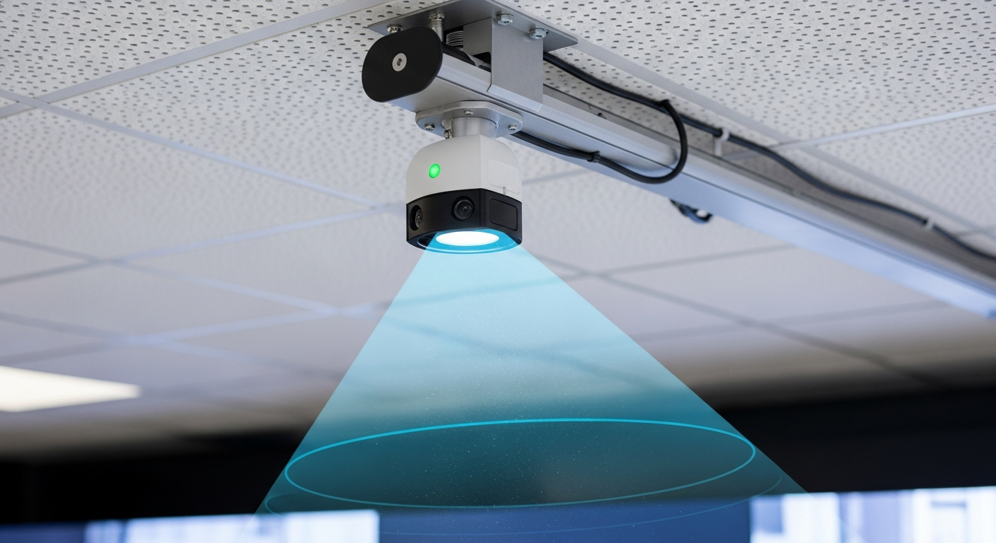 Kinect sensörü tavana monte — etkileşimli video wall önünde kullanıcı izleme