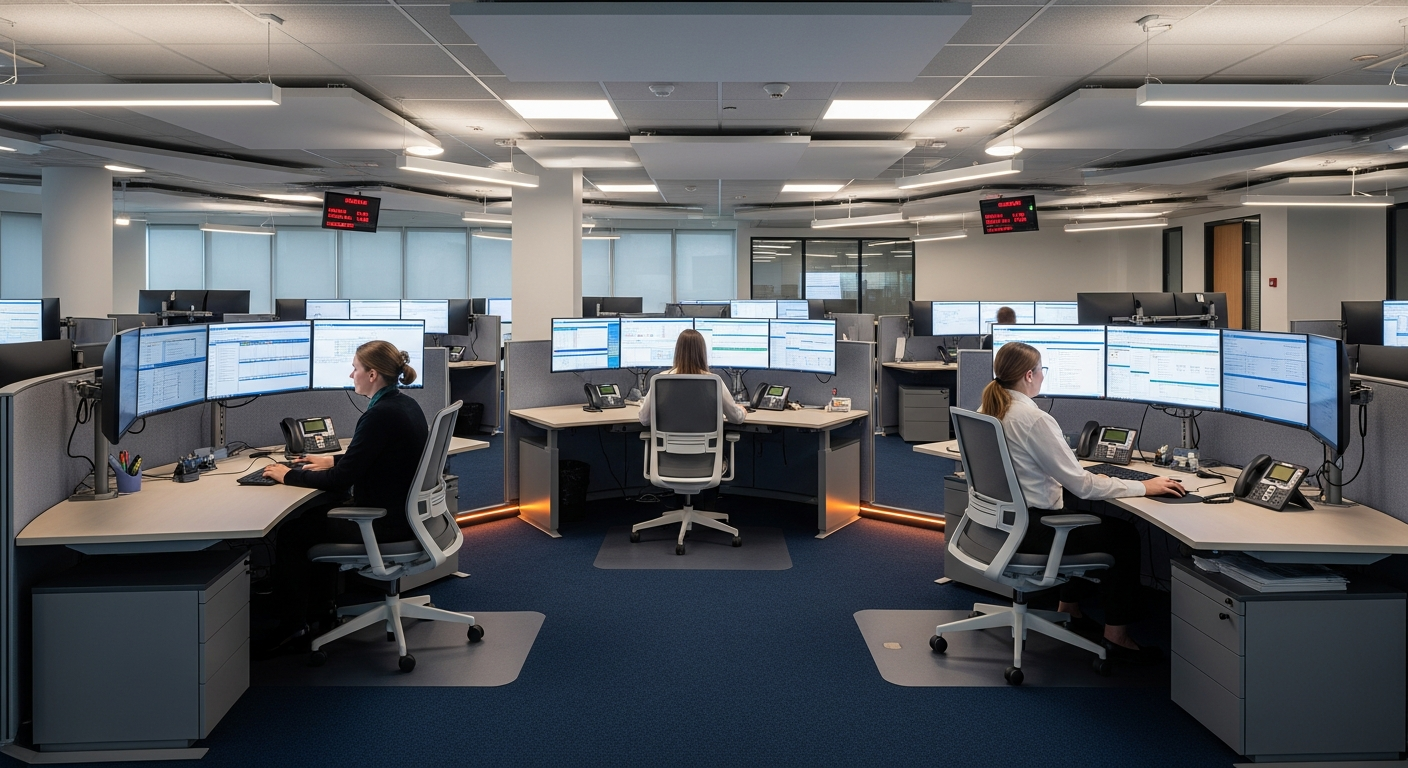 Bankacılık operasyon merkezi — ISO 11064'e uygun ergonomik konsol yerleşimi