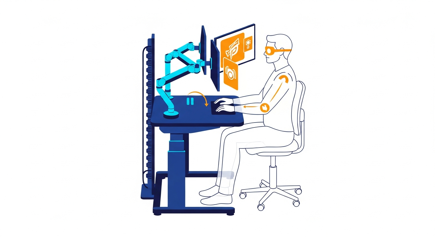 Operatör konsolu yan görünüm — ergonomi açıları, kablo organizasyonu