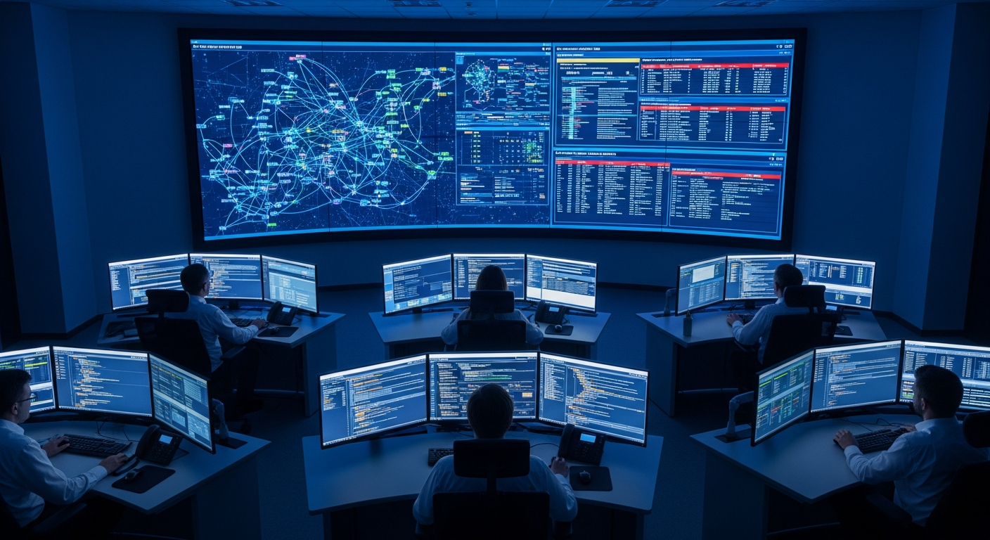 Telekom NOC — 4x3 video wall, operatör konsolları, ambient lighting