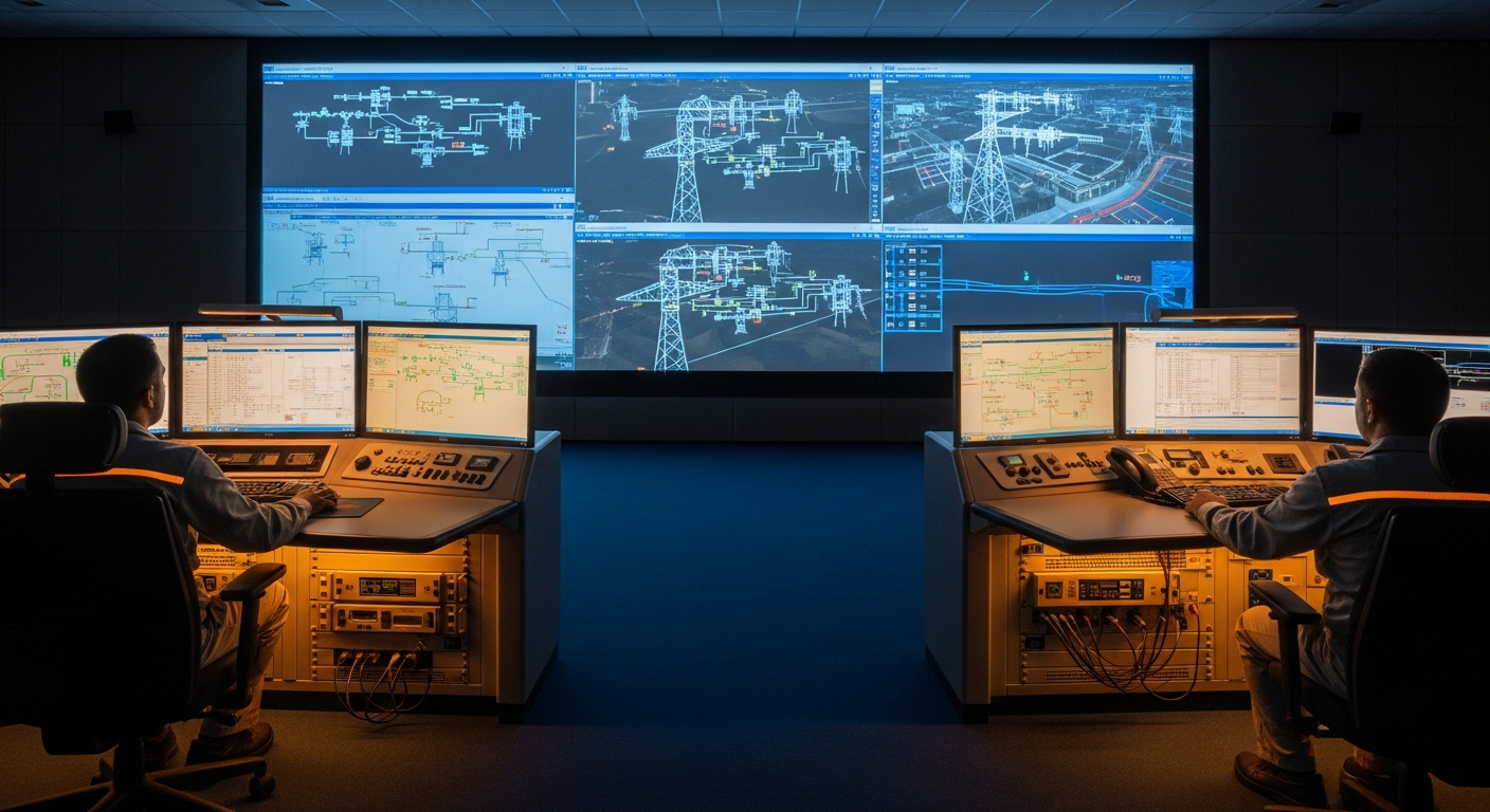 Kontrol odasında operatör konsolu — çoklu monitör, KVM ile yönetilen 12 farklı kaynak