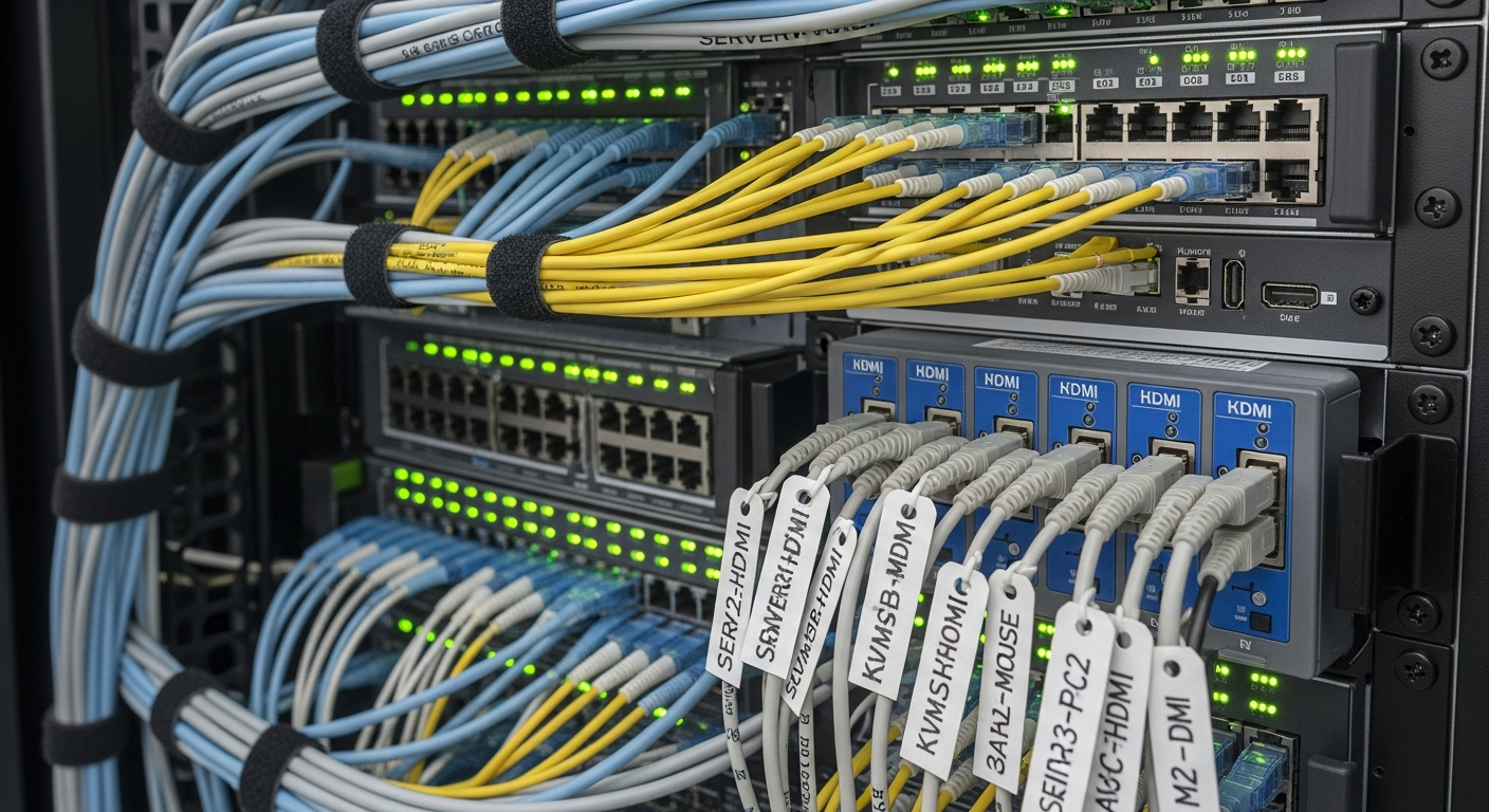 KVM matrix arka tarafı — Cat6 ve fiber bağlantı yoğunluğu