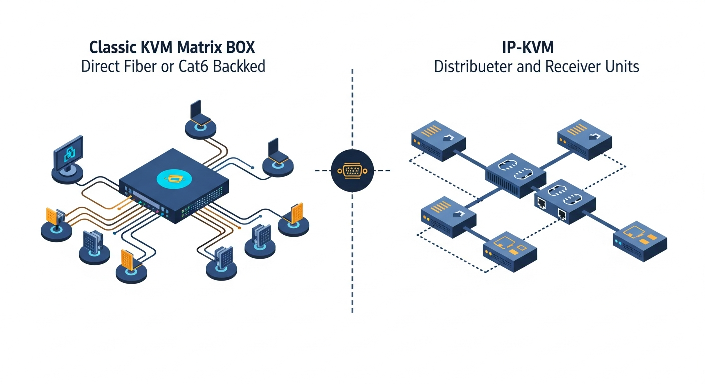 KVM matrix vs IP-KVM mimari diyagramı