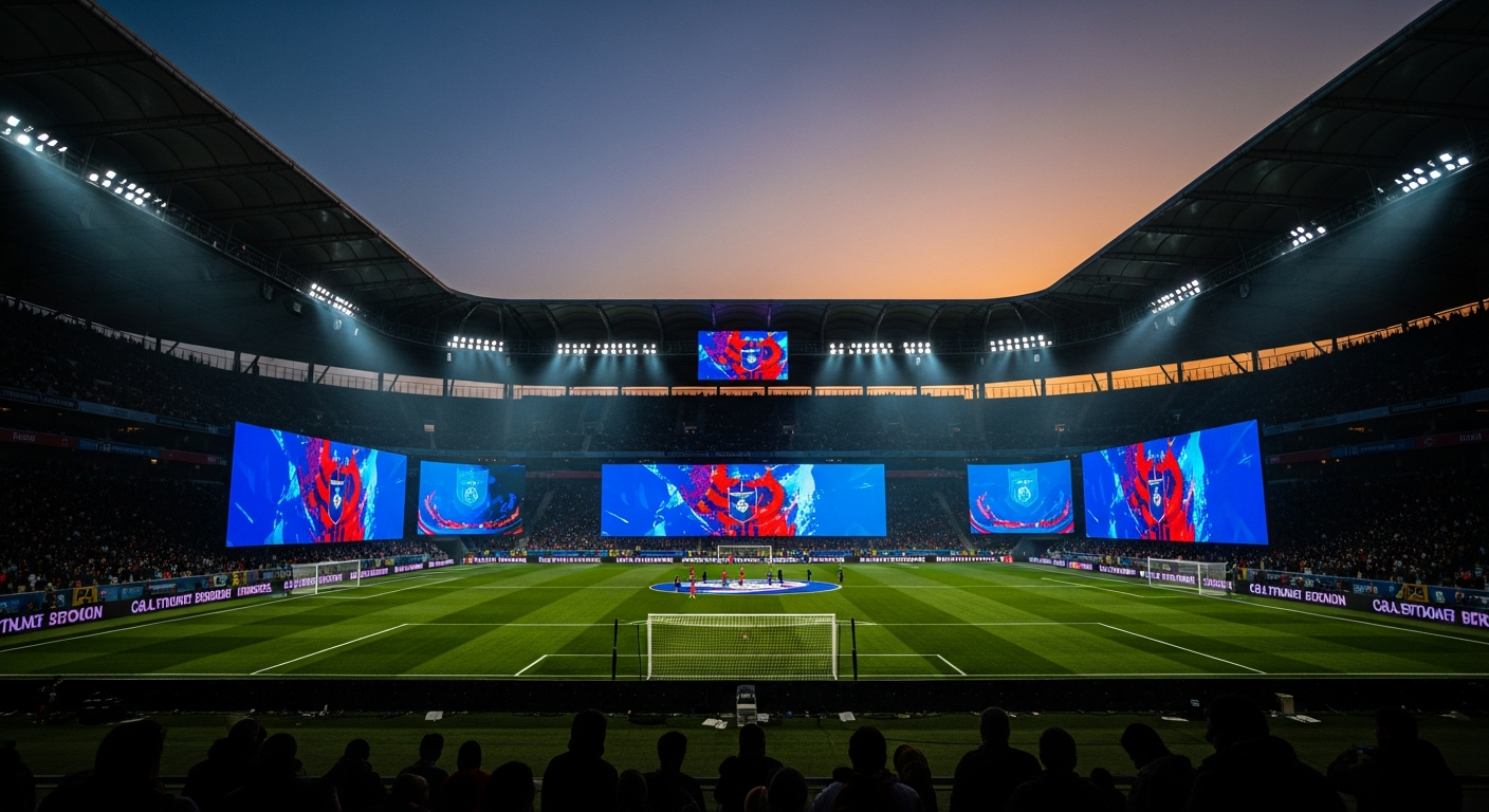 Stadyumda kapalı tribün üstü P3.9 LED perde — maç anında izleyici manzarası