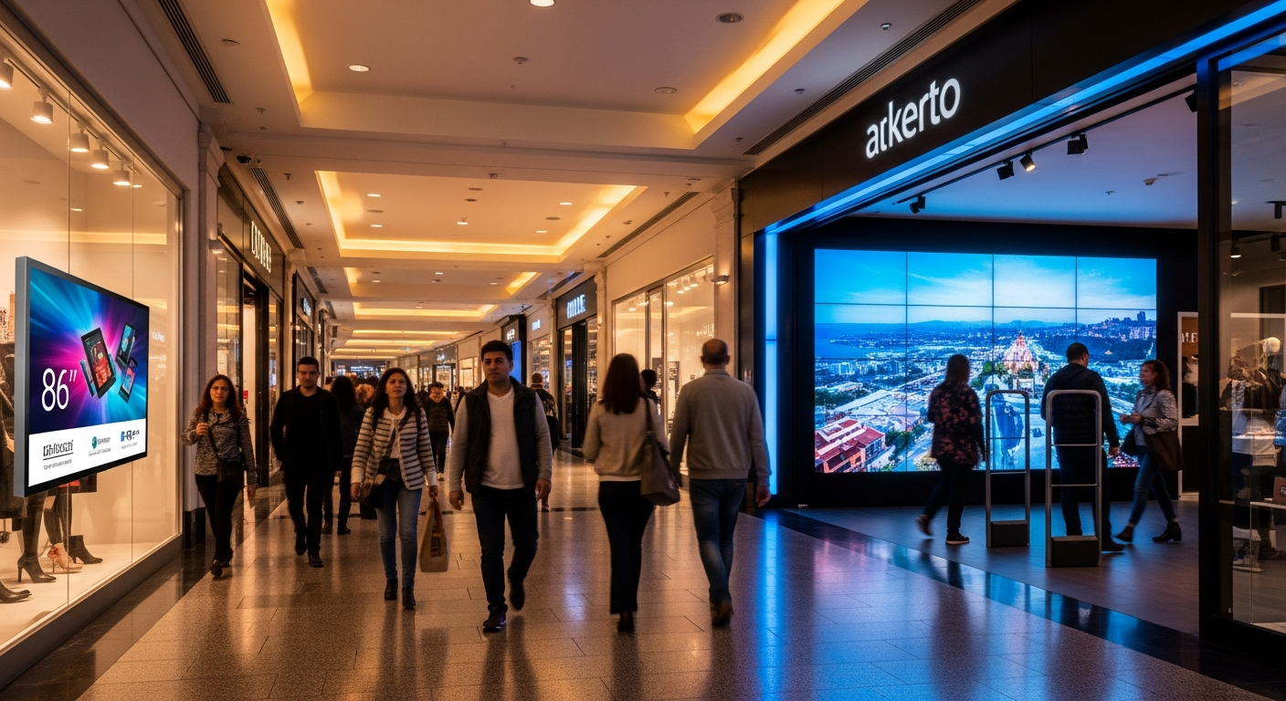 AVM koridorunda yan yana iki mağaza vitrini — biri LCD biri LED signage