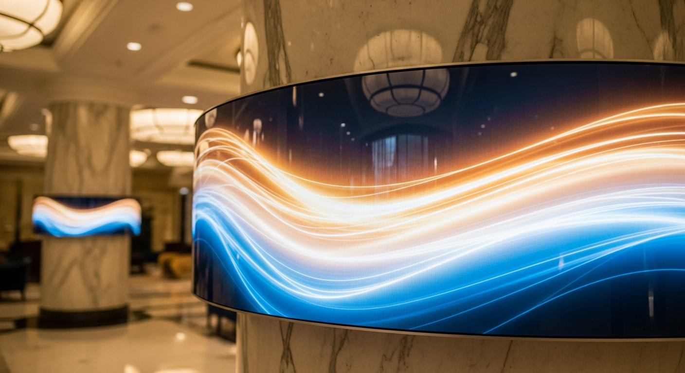 Esnek LED panel kavisli mağaza giriş kolonu üzerinde — yakın çekim
