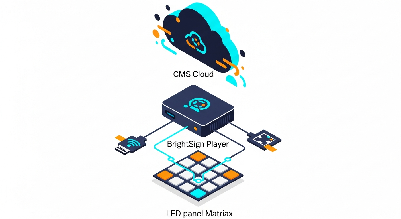 LED signage kontrolcü mimarisi diyagramı — CMS, player, panel matrisi