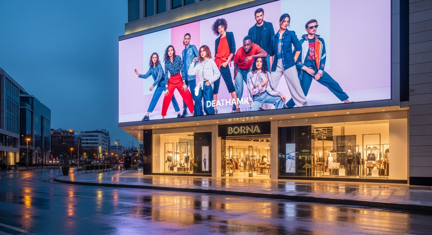 AVM cephesinde outdoor LED tabela — akşam saatlerinde kampanya görseli