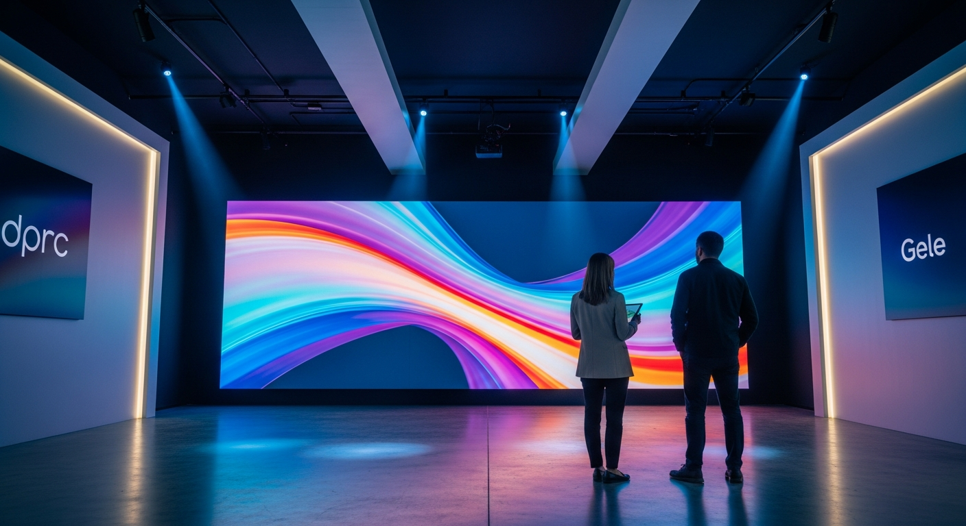 Marka deneyim merkezi — büyük LED video wall, ziyaretçilerle perspektif çekim