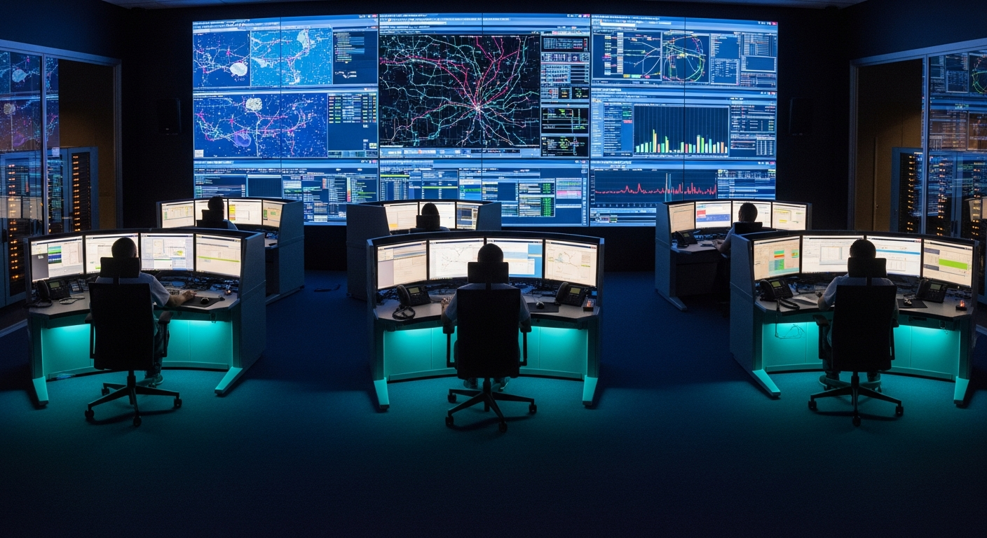 Telekom NOC ortamı — büyük video duvar, monitoring dashboardları, operatör konsolları