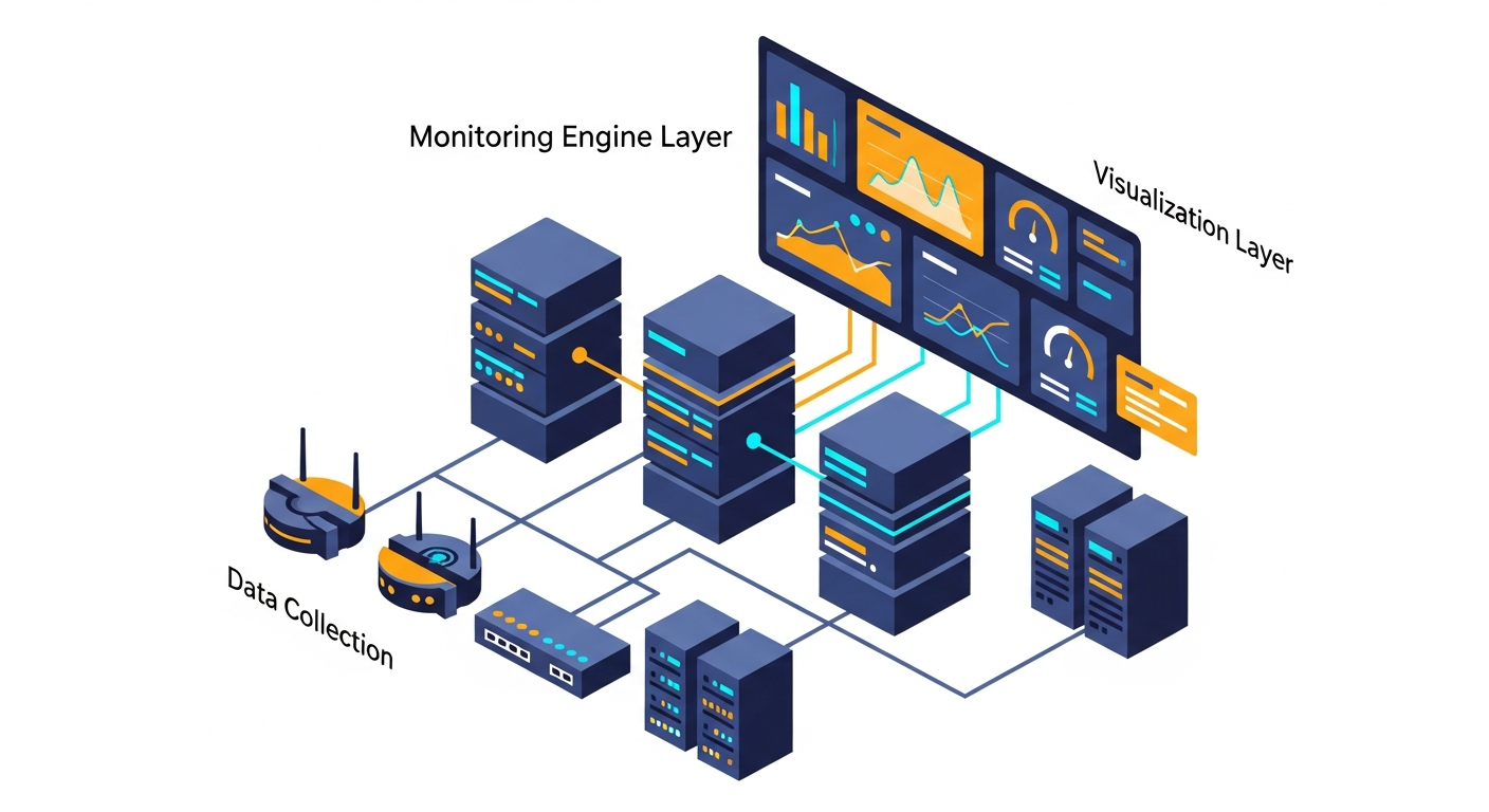 NOC stack mimari diyagramı — Zabbix, PRTG, SolarWinds katmanları
