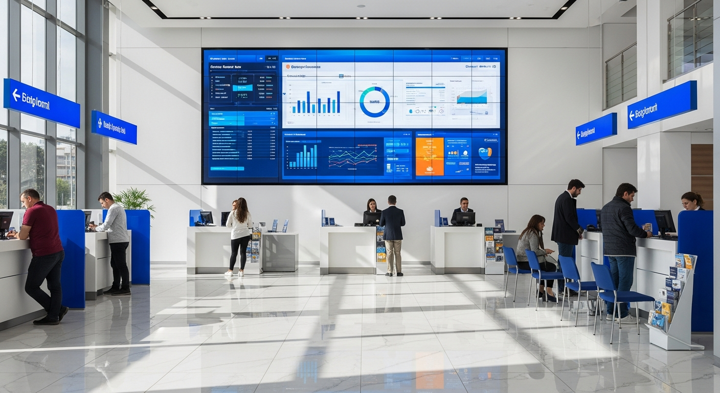 Banka şube lobisi — Samsung 2x3 LCD videowall lobby duvarında