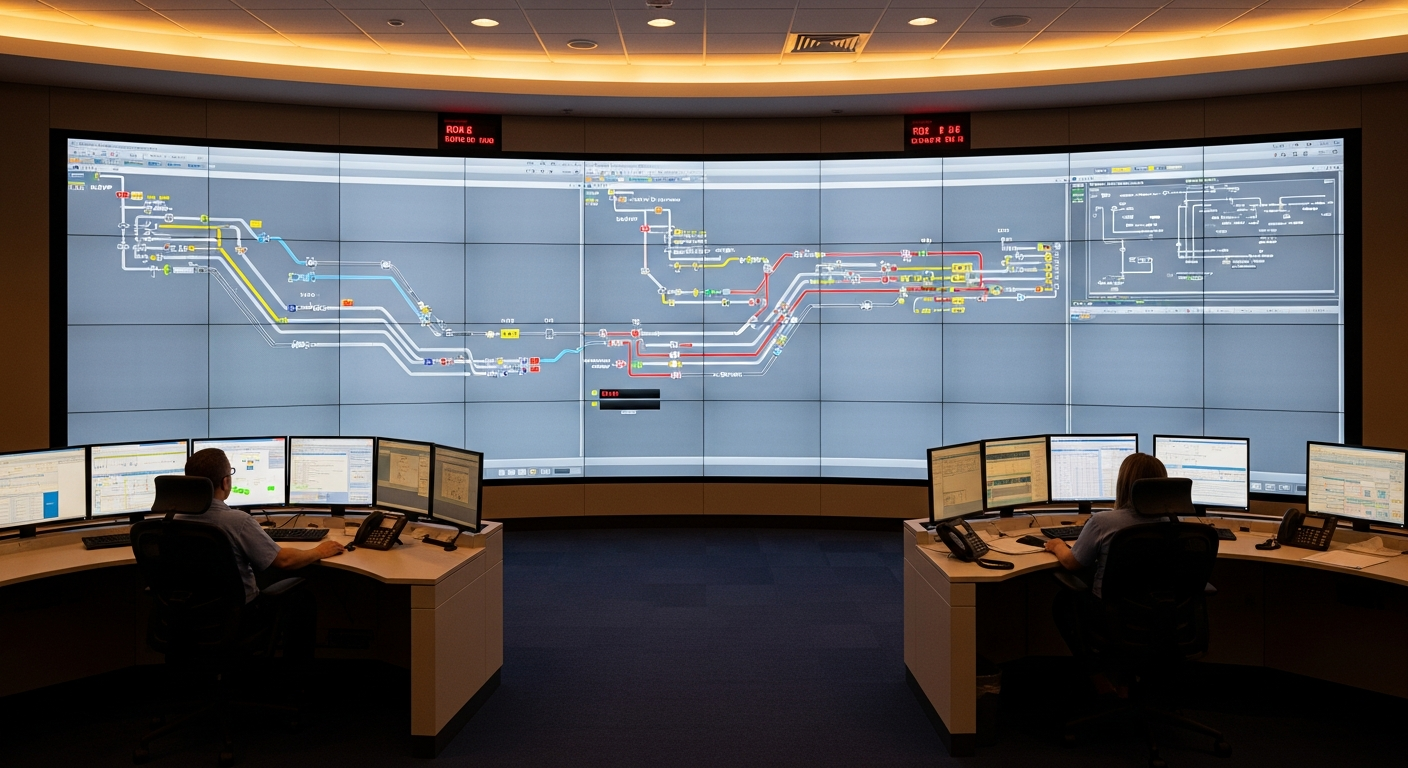 Doğal gaz dağıtım izleme odası — SCADA HMI'ları büyük ekranda, operatör konsolları