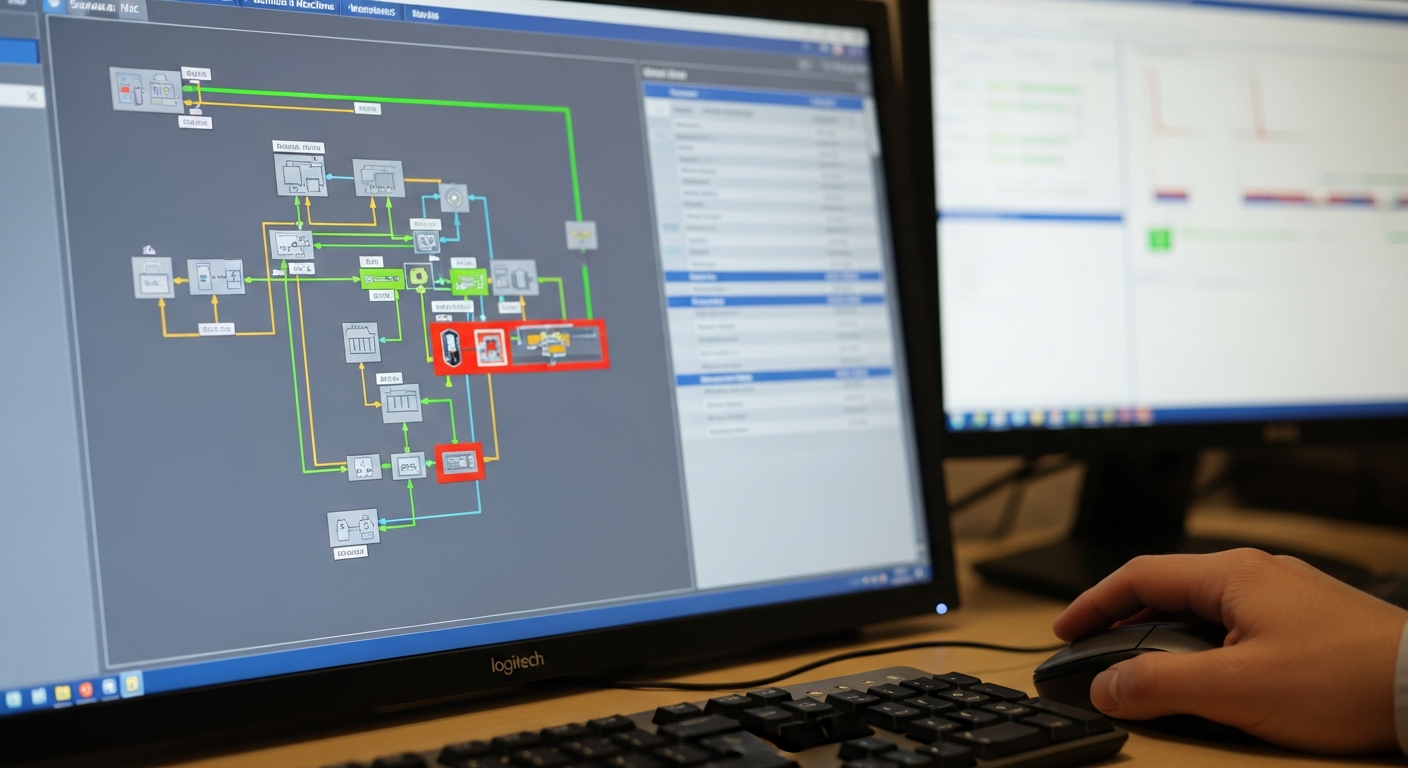 SCADA HMI yakın çekim — situational awareness renk paleti uygulanmış ekran