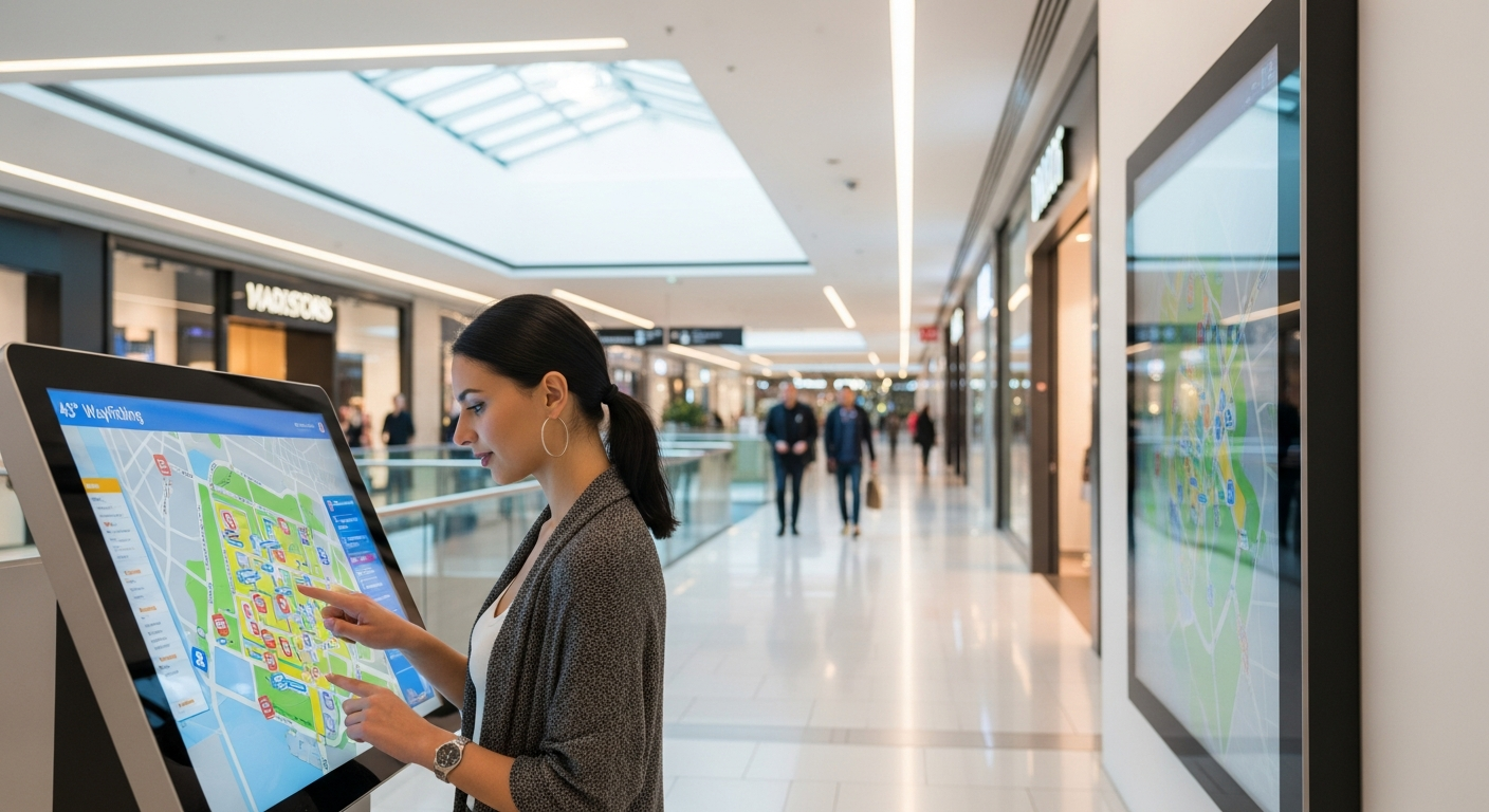 AVM koridoru — büyük dokunmatik signage kiosk, müşteri etkileşimi