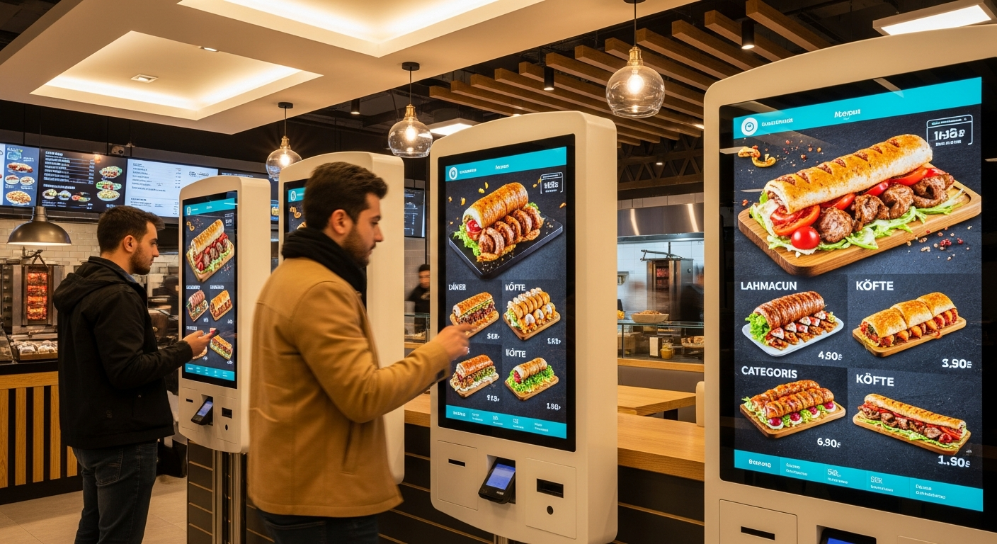 Restoran self-sipariş kiosku — müşteri menüde seçim yapıyor