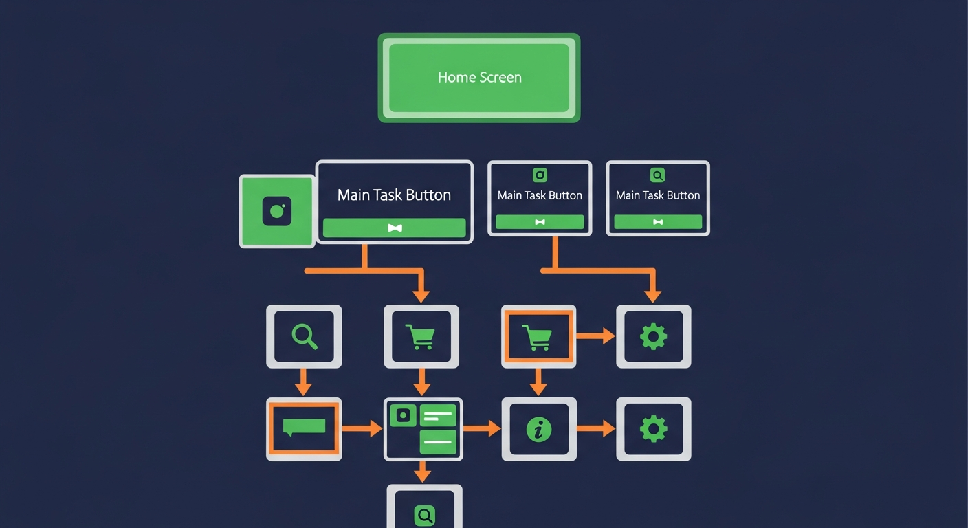 Touch screen UX akış şeması; ana sayfadan görev tamamlamaya
