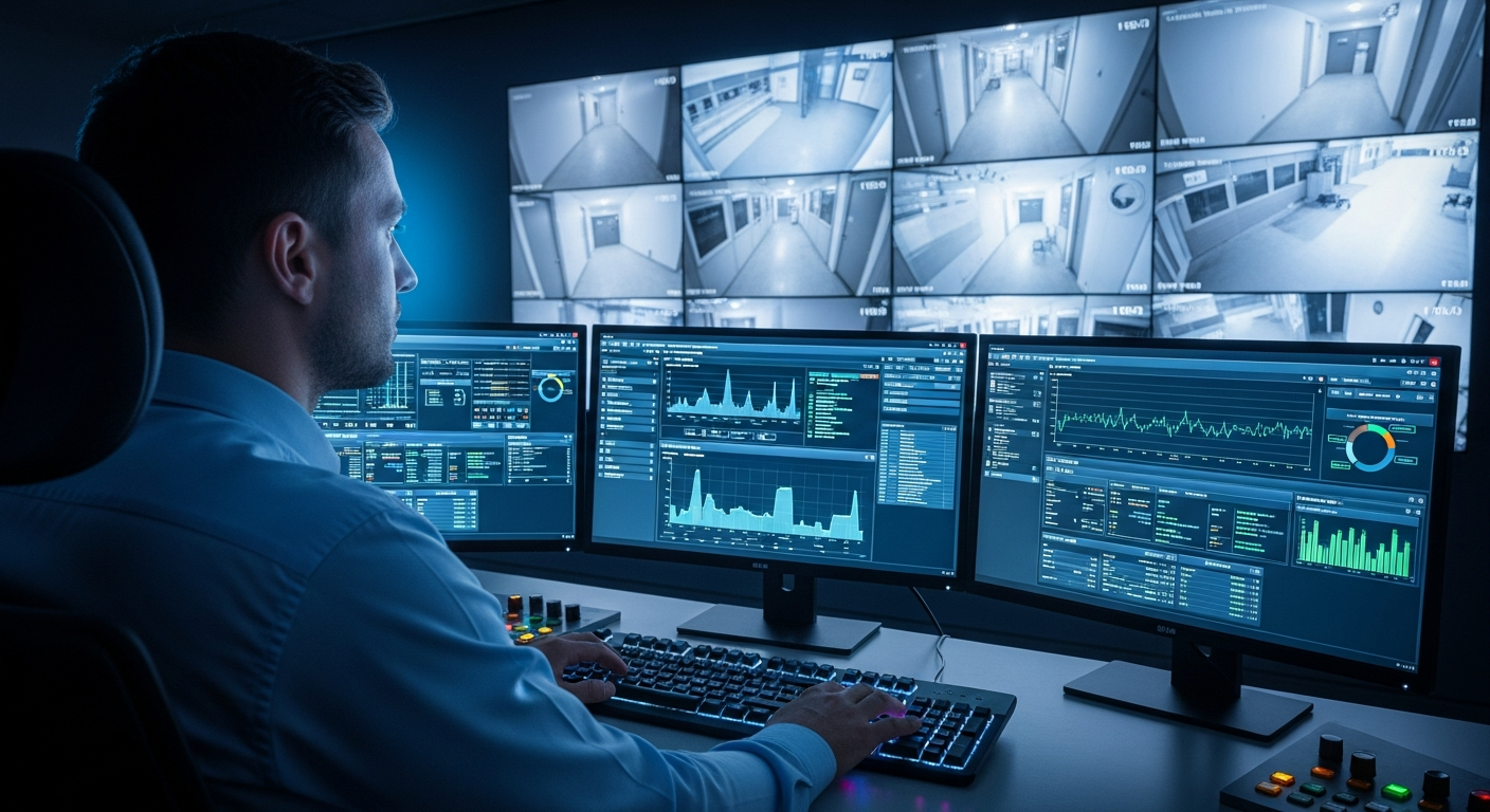 Operatör konsolu önünde 3x3 videowall — birden fazla dashboard ve harita
