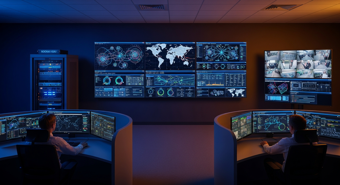 NOC ortamı 4x3 LCD video duvar ve kontrolcü kabini — operatör konsoluyla