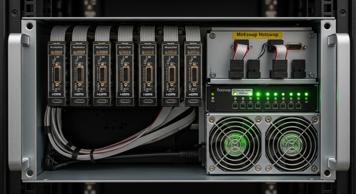 Datapath VSN tipi kontrolcü kabini içerisi — input ve output kart yoğunluğu